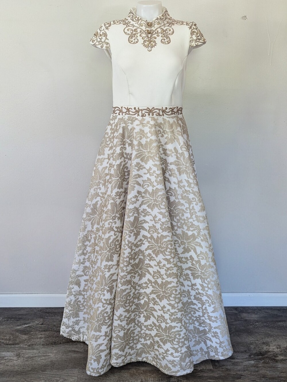 Ivory Indian Lehenga A-Line Collar Cap Sleeve Gold Embroidery Wedding Engagement